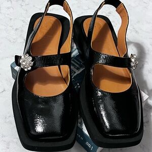 GANNI Crystal Embellished Patent Slingback Mary Jane Leather Flats